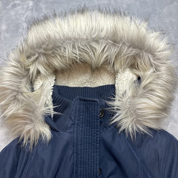 Abercrombie & Fitch Parka Jacket Womens M Navy Sherpa Lined Faux Fur Hood - Picture 9 of 16